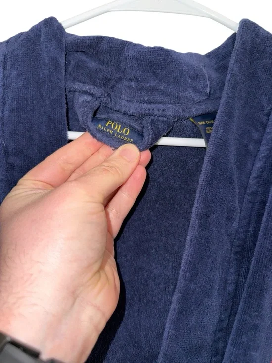 Polo Ralph Lauren Robe Small Medium Navy Blue Cotton Terry Cloth Spa Bathrobe - Picture 4 of 6
